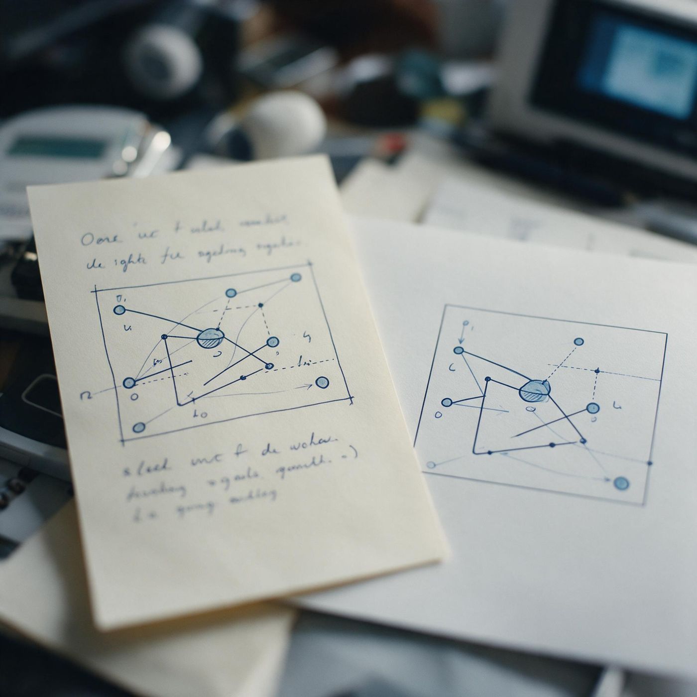 A hand-drawn diagram pinned to a board beside a tidy, redrawn version of the same figure