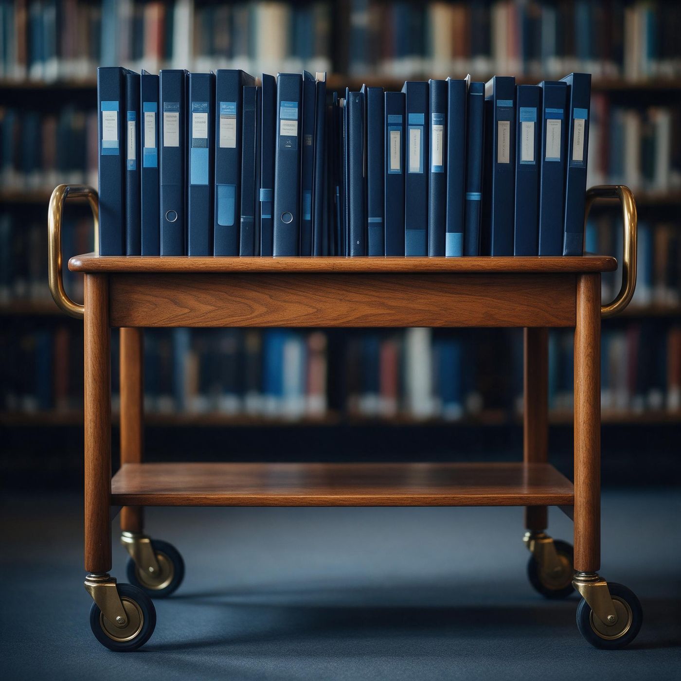 A library cart of labelled navy study binders