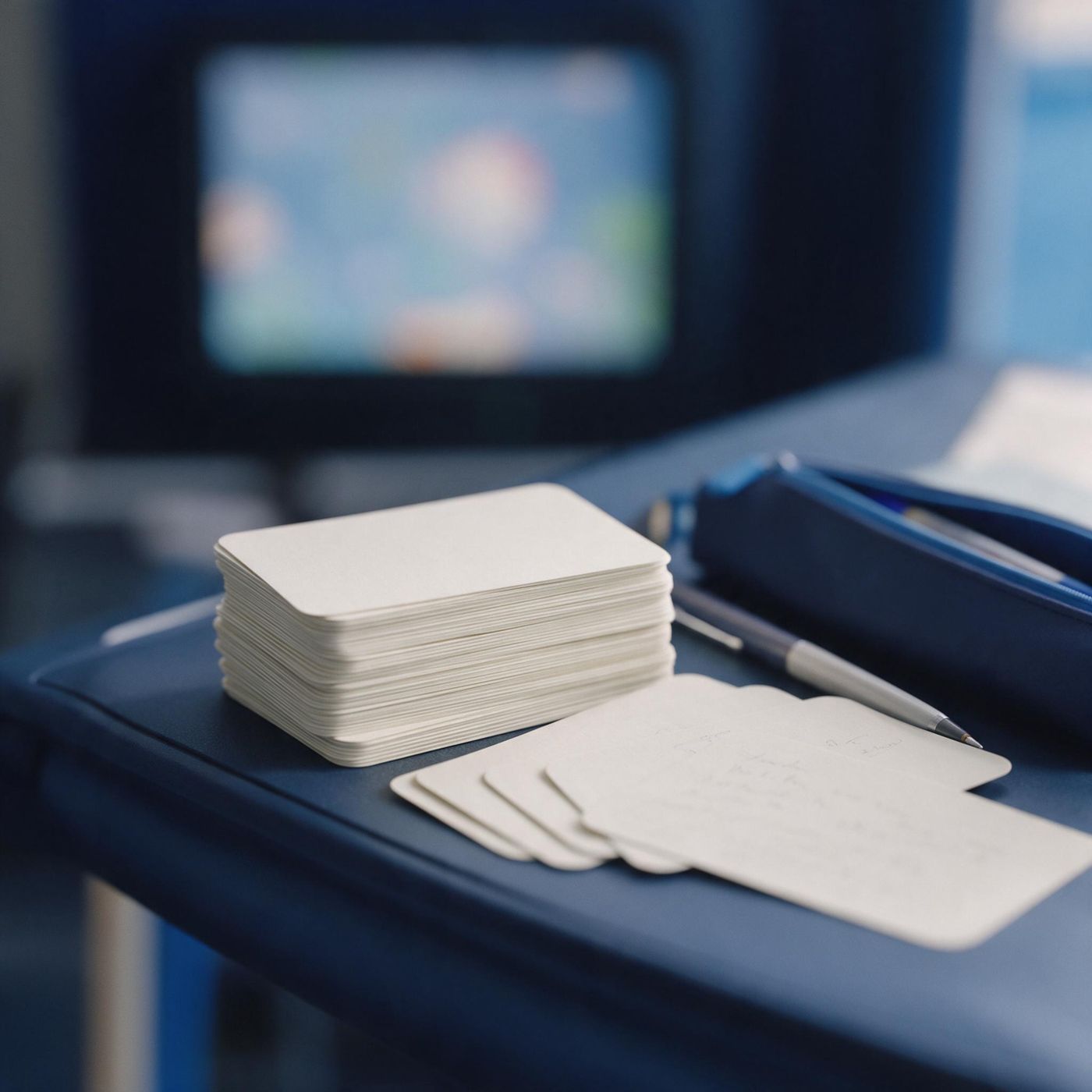 A stack of blank white index cards and a closed notebook on a desk beside a pen