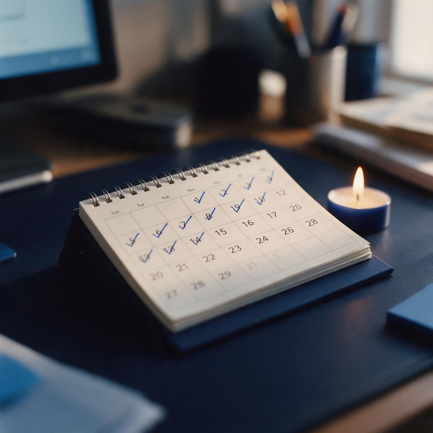 A desk calendar with a long run of days ticked in blue beside a candle