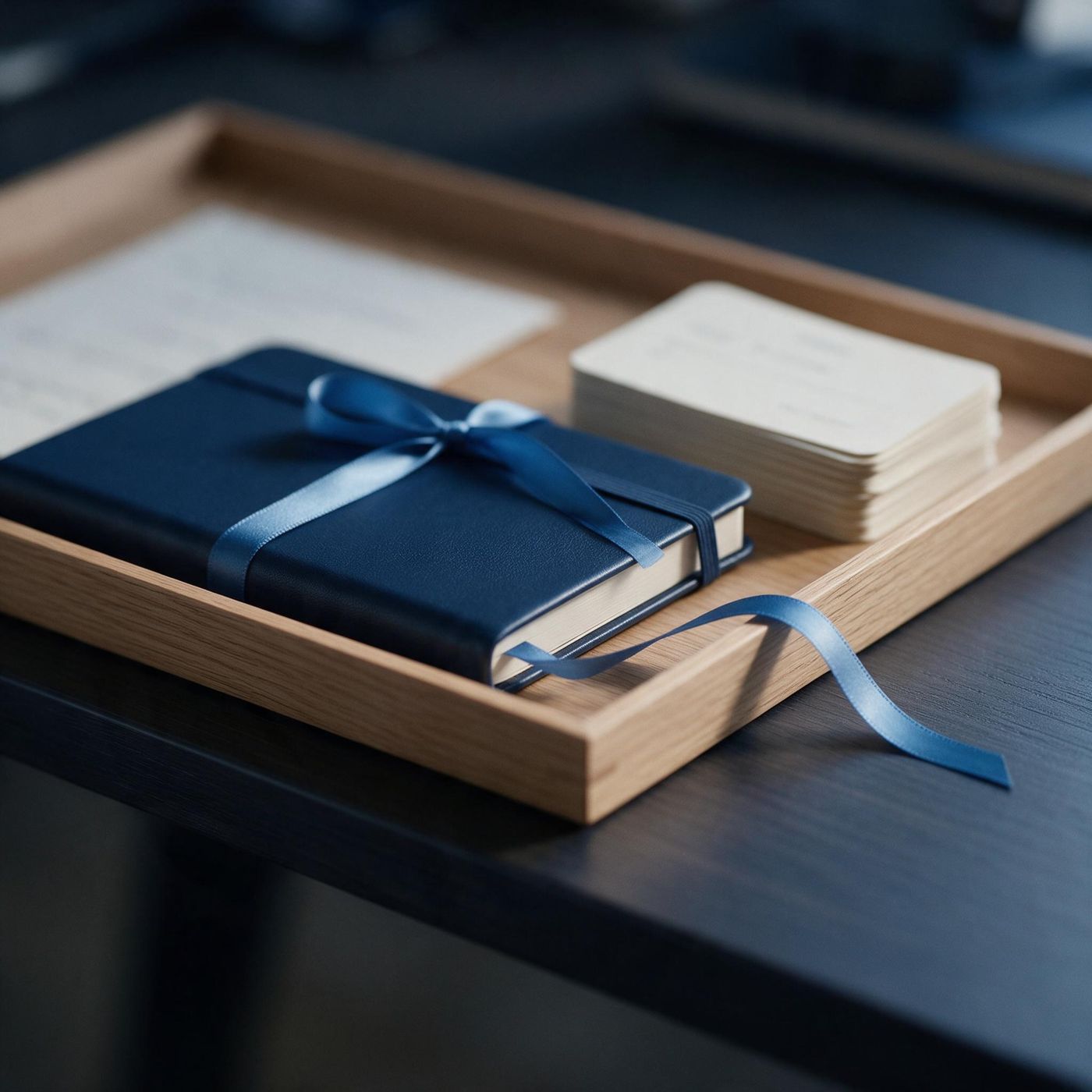 A single navy folder appearing to split into two identical copies on a desk, one offset behind the other