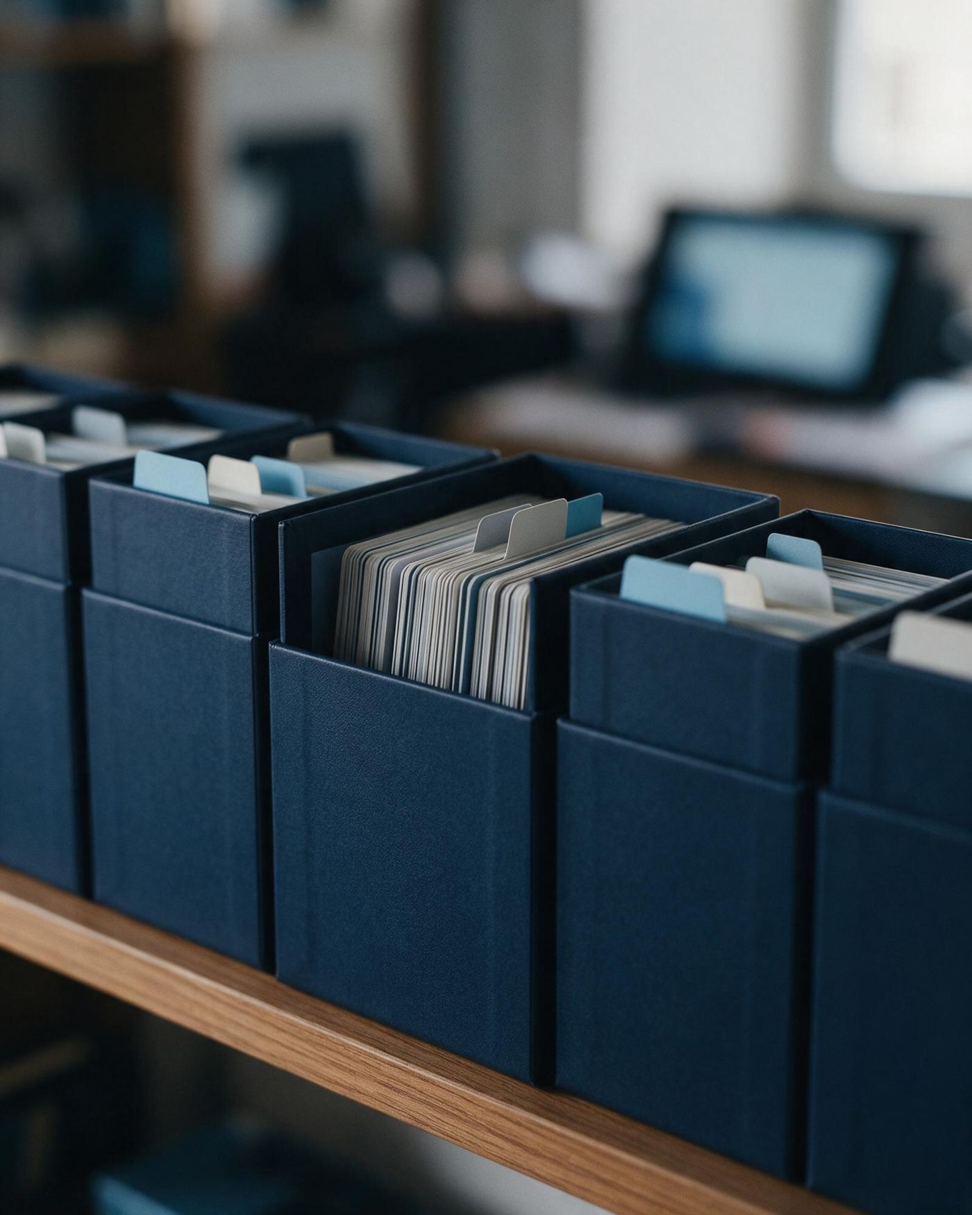 Navy flashcard boxes with coloured divider tabs on a shelf