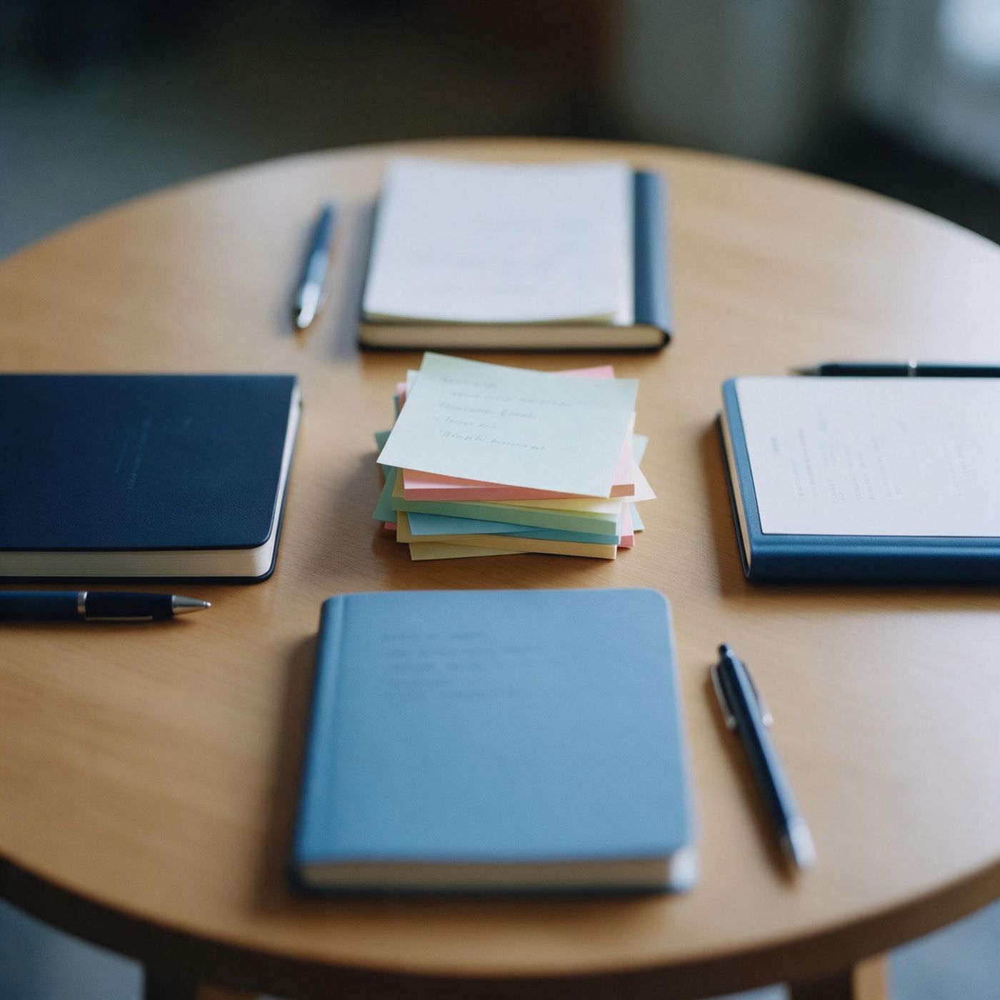 A handful of navy folders with different coloured tabs grouped together on a desk, one slightly set apart