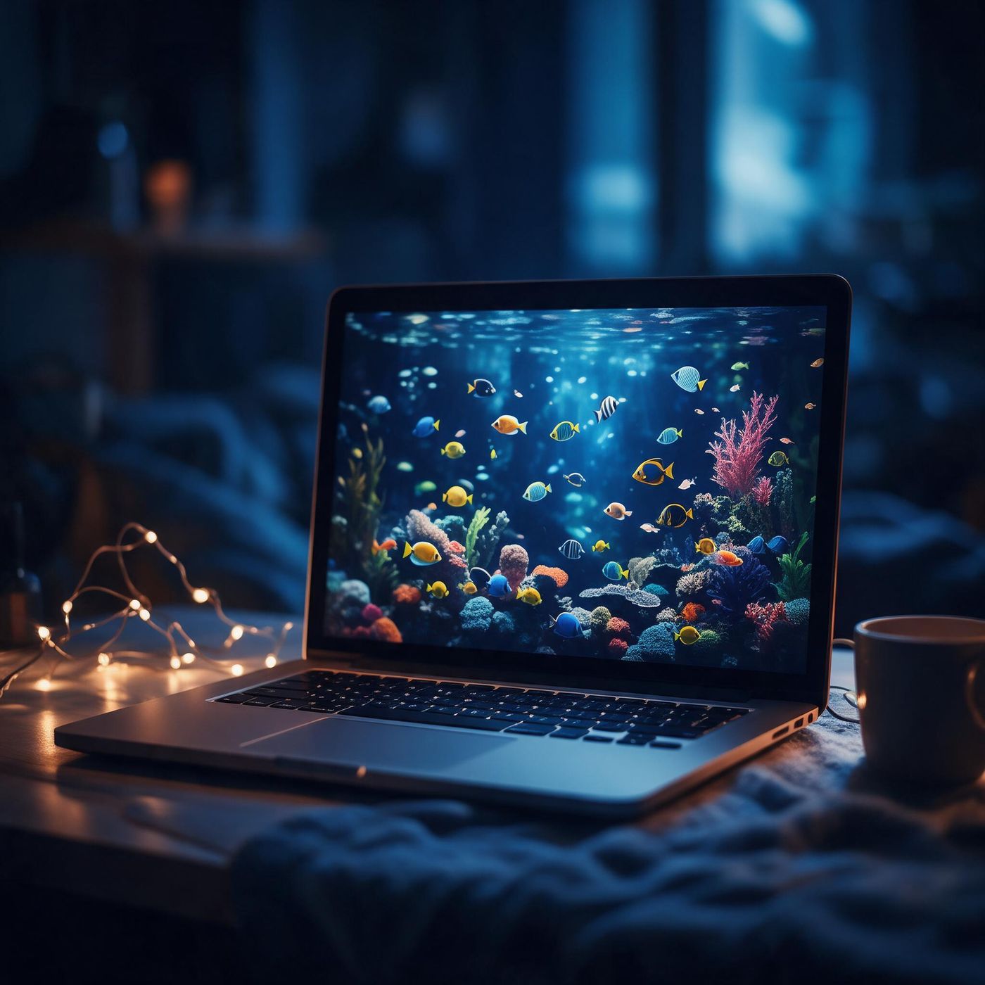 A laptop glowing with a deep-blue aquarium wallpaper on a cosy desk at night