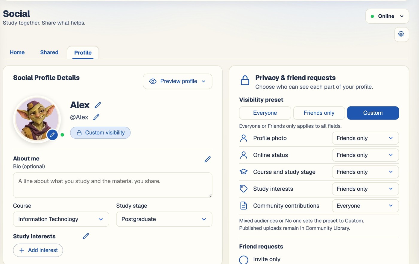 The BrightStudy Social profile editor with bio, interests and visibility settings