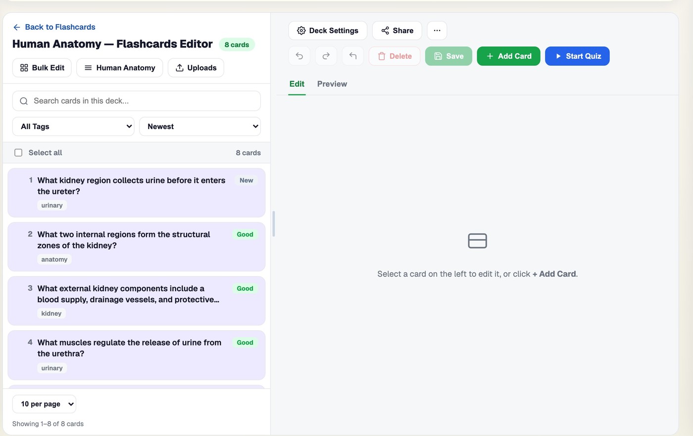 The BrightStudy deck editor showing a full card list on the left and the Add Card form on the right