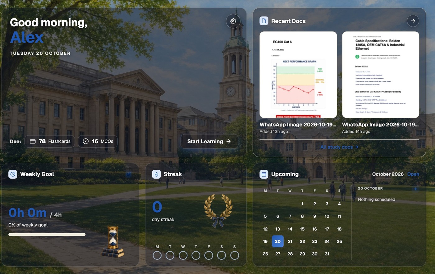 The BrightStudy dashboard with due flashcards and MCQs, weekly goal, streak, recent docs and calendar