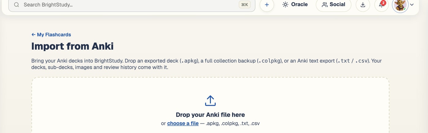 The BrightStudy Anki import page with deck and duplicate-handling options