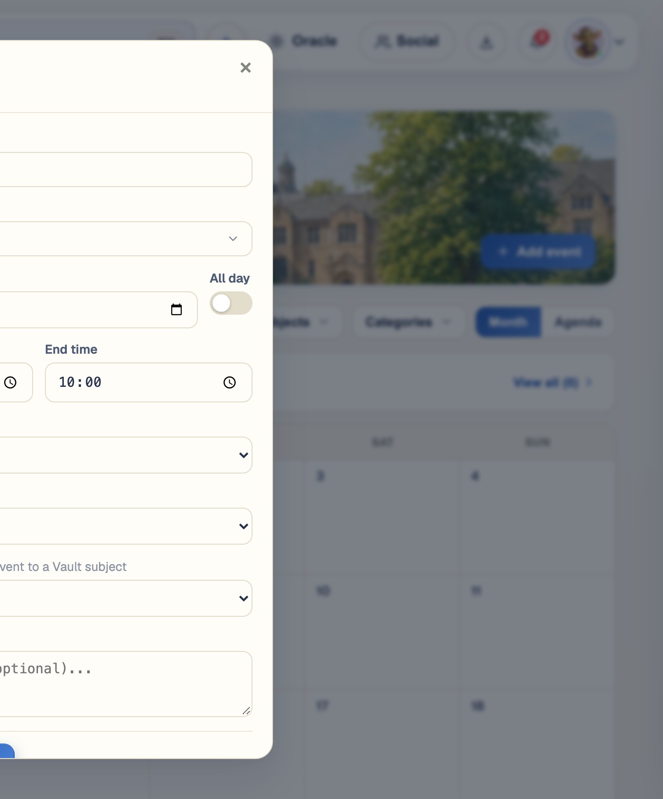 The BrightStudy Add Event form with event type, repeat and reminder fields