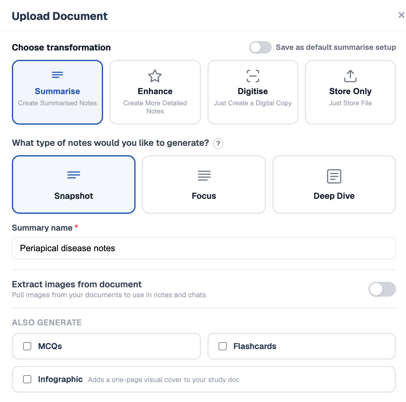 The BrightStudy upload window with Summarise selected, Snapshot, Focus and Deep Dive note types, and options to also generate MCQs, flashcards and an infographic