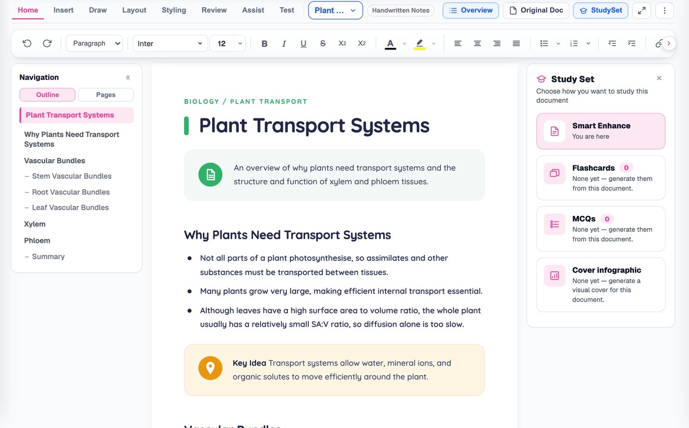 The BrightStudy Study Doc editor with formatted notes, the ribbon toolbar and side panels open
