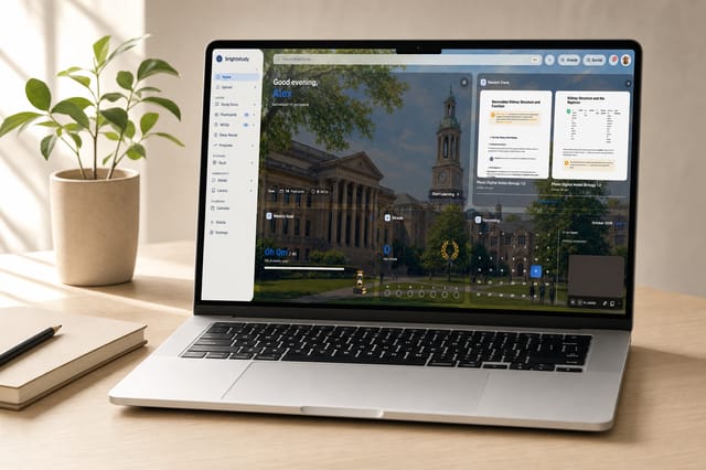 A laptop on a bright desk showing the BrightStudy dashboard