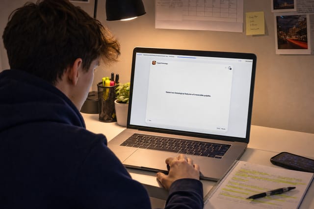 Sixth form student revising for A levels at his desk in the evening