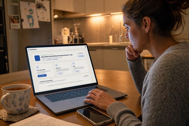 An adult learner studying on a laptop at the kitchen table in the evening