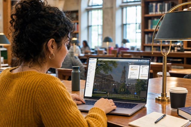 University student working on a laptop in a bright university library