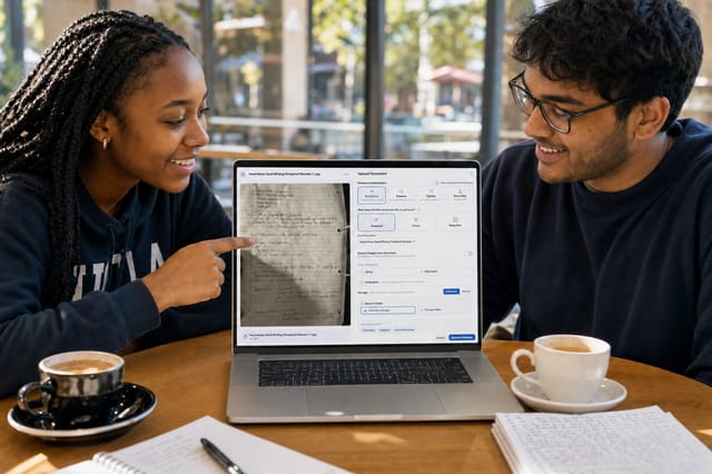 Two students in a café working together on a laptop with handwritten notes