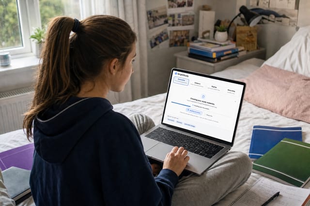 GCSE student revising on her laptop in her bedroom with revision guides beside her