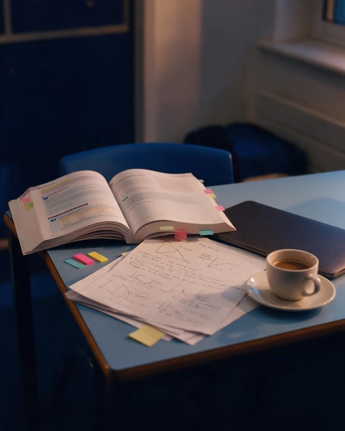 An open textbook, handwritten notes with diagrams and sticky tabs under a warm lamp