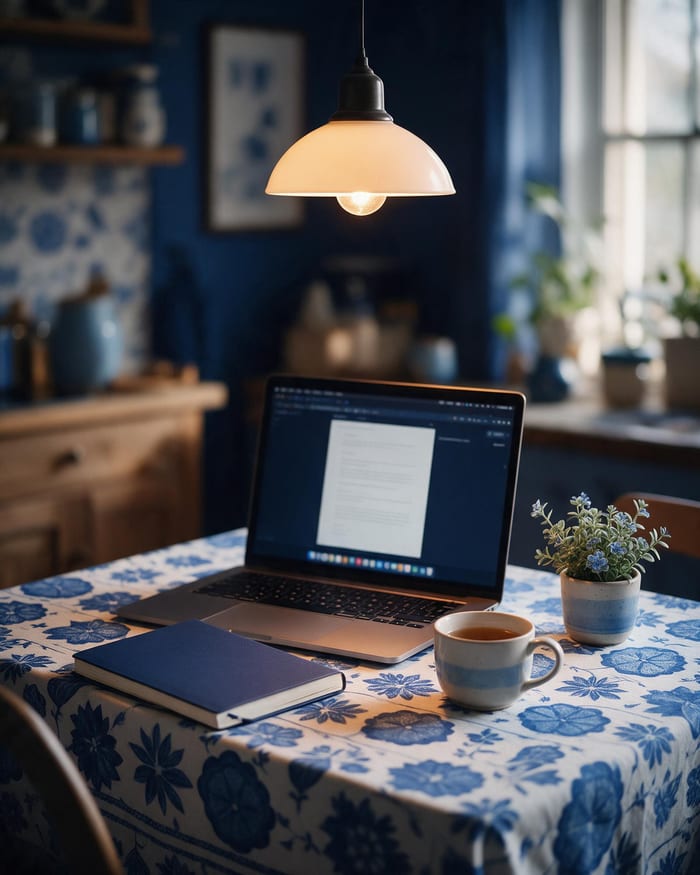A laptop, notebook, mug of tea and a plant on a kitchen table set up for evening study