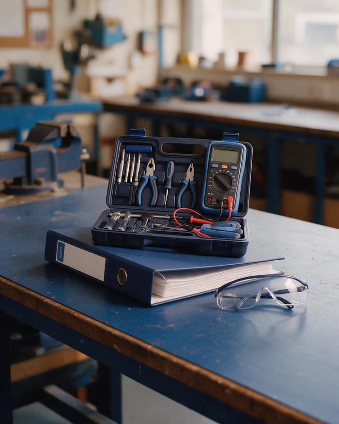 A toolkit, multimeter, course folder and safety glasses on a college workshop bench