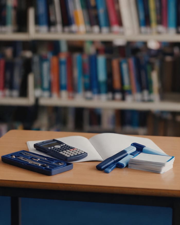 An exercise book, calculator, geometry set, highlighters and revision cards on a school desk