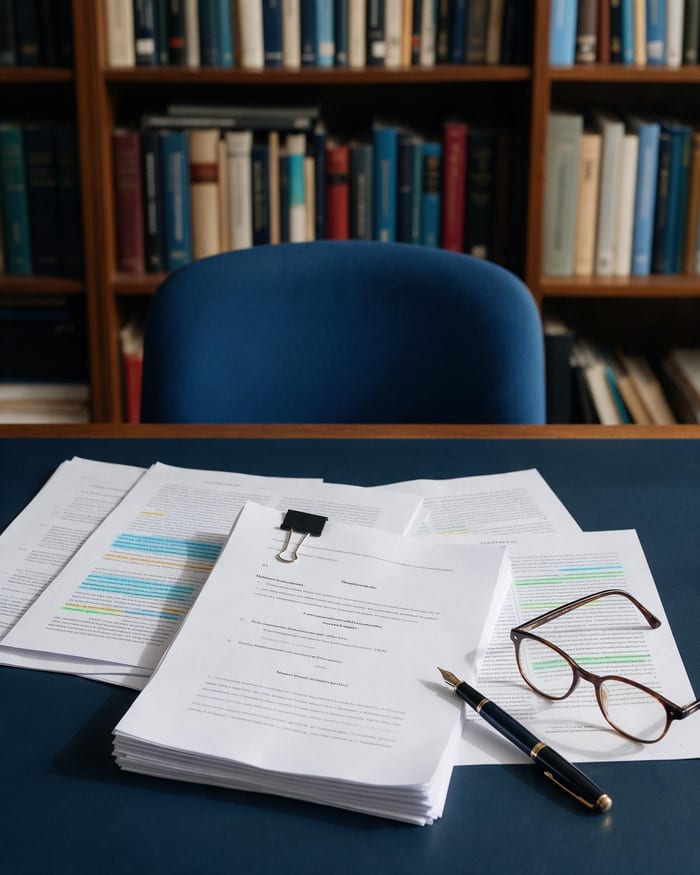 A printed thesis draft, highlighted journal papers, a fountain pen and reading glasses