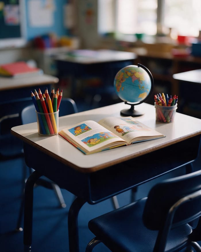 Coloured pencils, crayons, an illustrated reading book and a small globe on a primary school desk