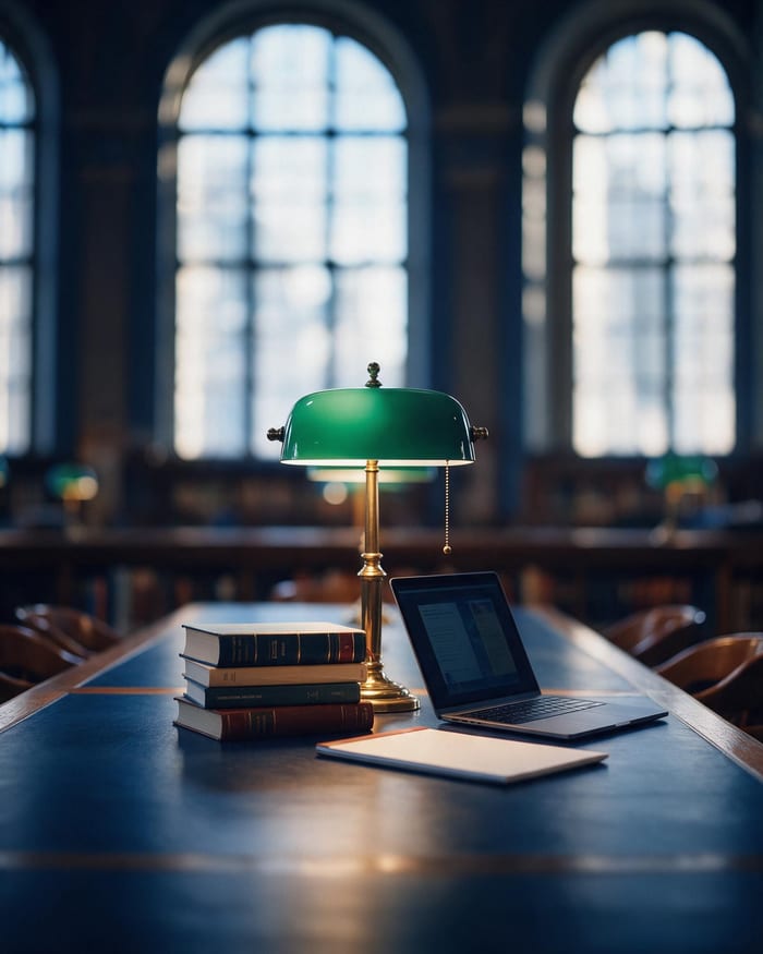Hardback books, a laptop and a green library lamp on a university reading table