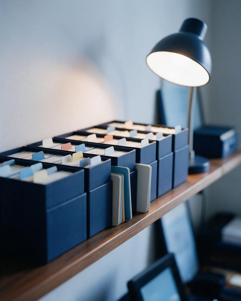 Navy index-card boxes with coloured tabs on a shelf under a reading lamp