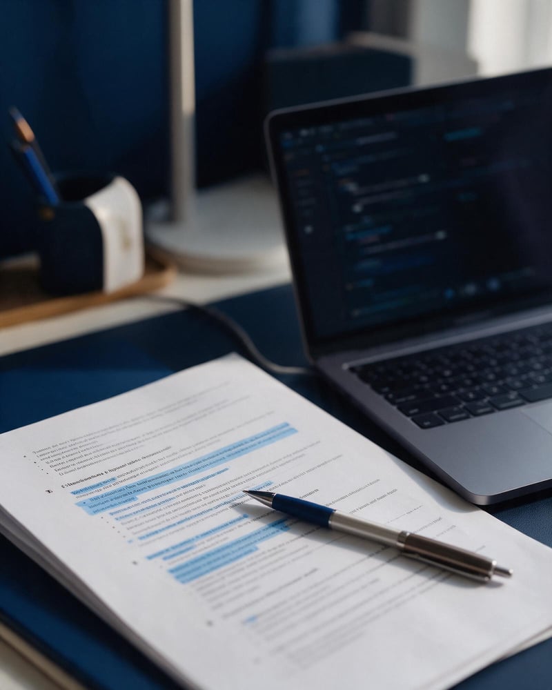 Printed study notes with highlighted lines beside an open laptop