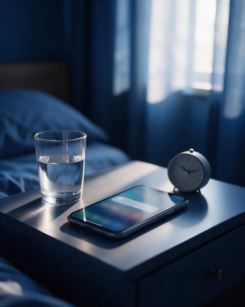 A phone on a bedside table at sunrise showing a soft notification