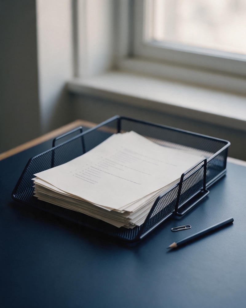 A wire in-tray holding a stack of loose question sheets