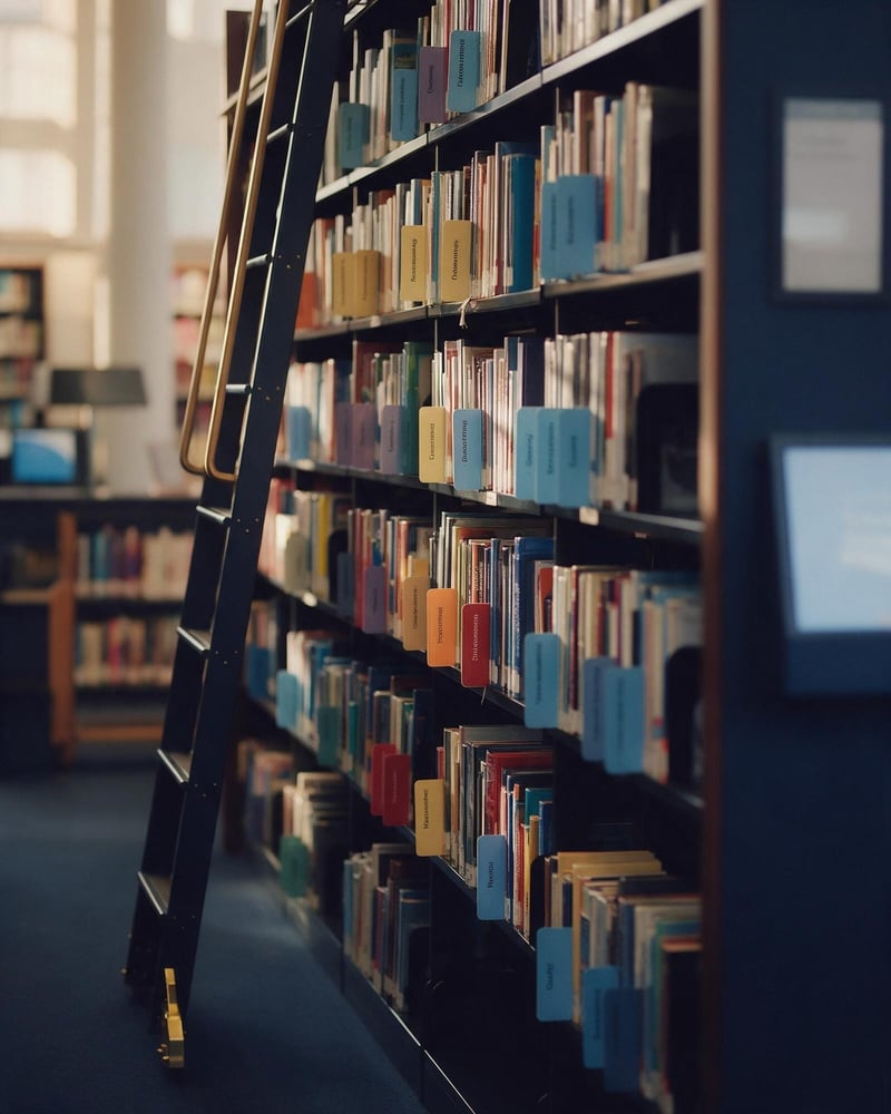 Library shelves grouped by colour-coded subject tabs