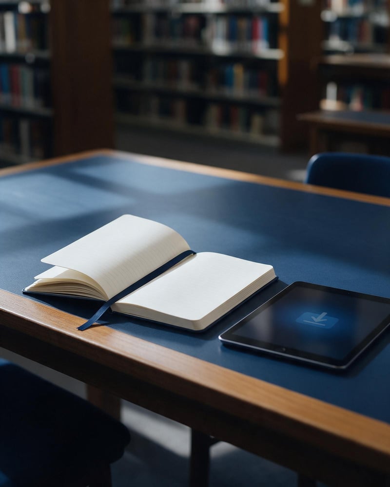 A bookmarked notebook beside a tablet showing a download icon