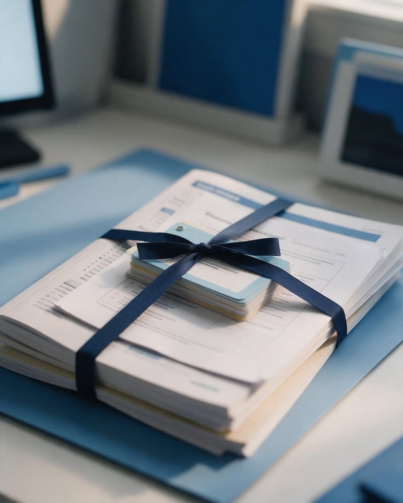 A study guide, flashcards and question sheet tied together with a ribbon