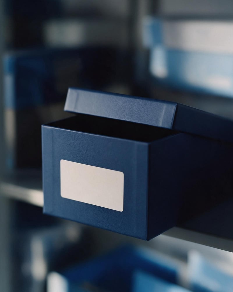 An empty navy index-card box with a blank label on a shelf