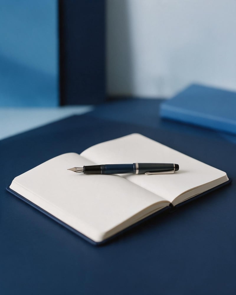 A blank notebook page open on a desk with a pen resting across it