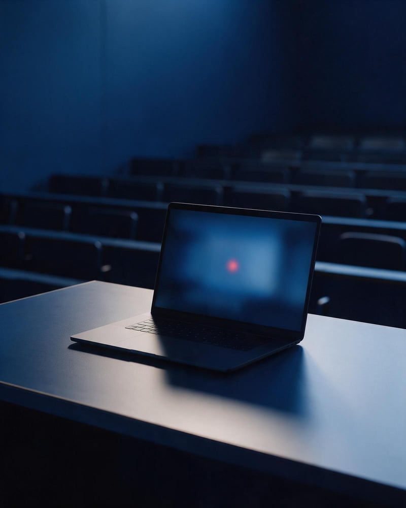 A laptop open on a lecture desk with a recording timer visible on screen