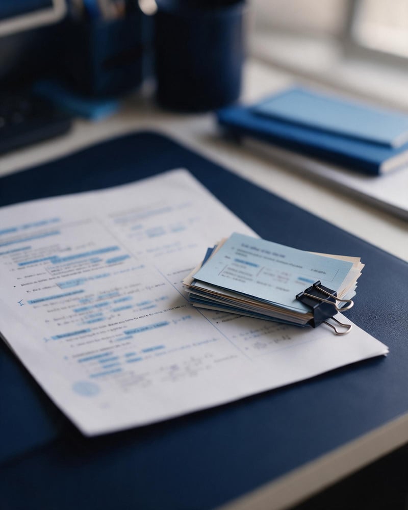 Printed study notes beside a small stack of flashcards made from them