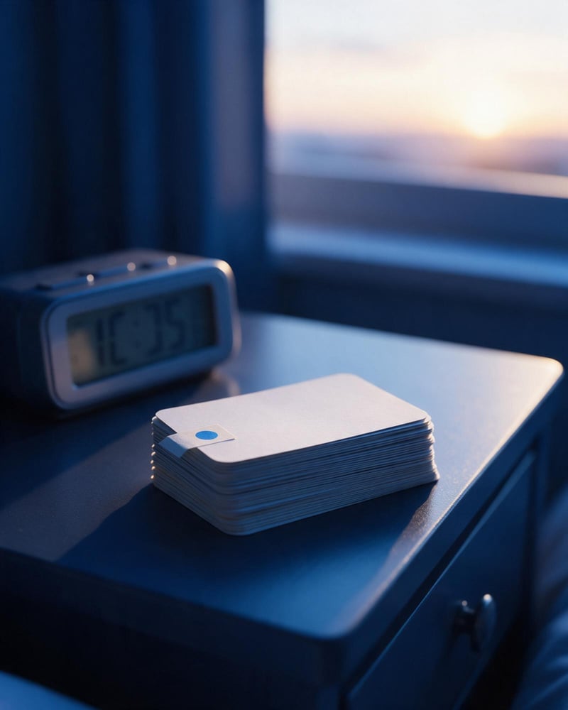 Flashcards with a blue tab on a bedside table at sunrise