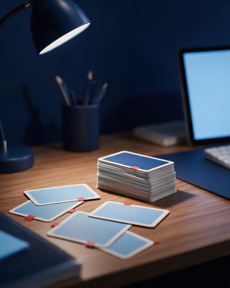A few flashcards set apart with red tabs under lamp light