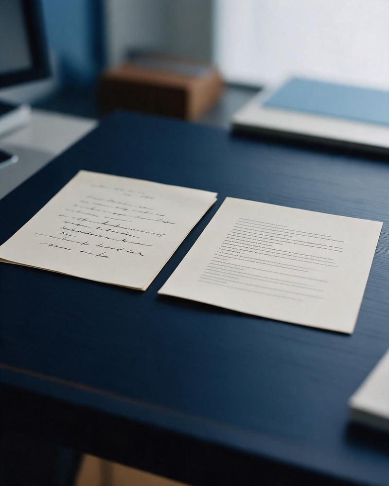 Two documents laid side by side on a desk, one handwritten and one typed