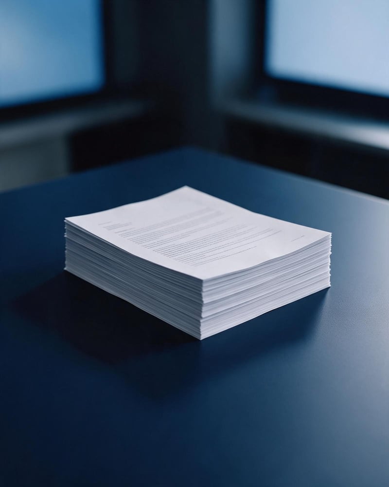 A neat stack of printed A4 pages squared off on a desk