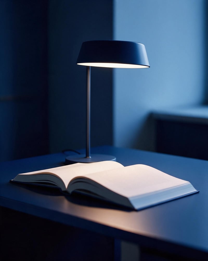 A reading lamp casting warm light over an open book on a quiet desk