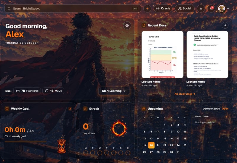 The BrightStudy dashboard in the Anime Hero Dark theme