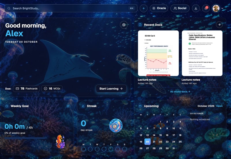 The BrightStudy dashboard in the Midnight Aquarium theme