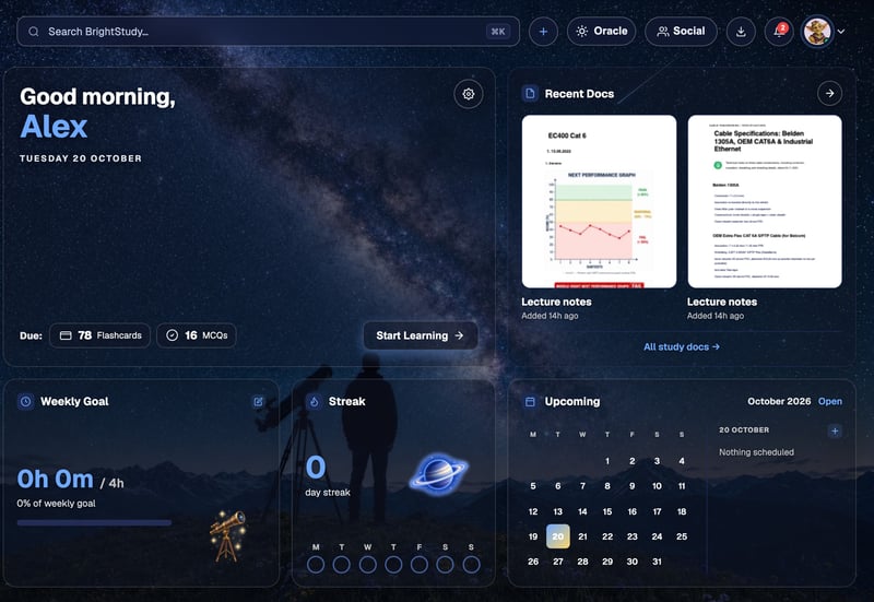 The BrightStudy dashboard in the Astronomy Sky theme