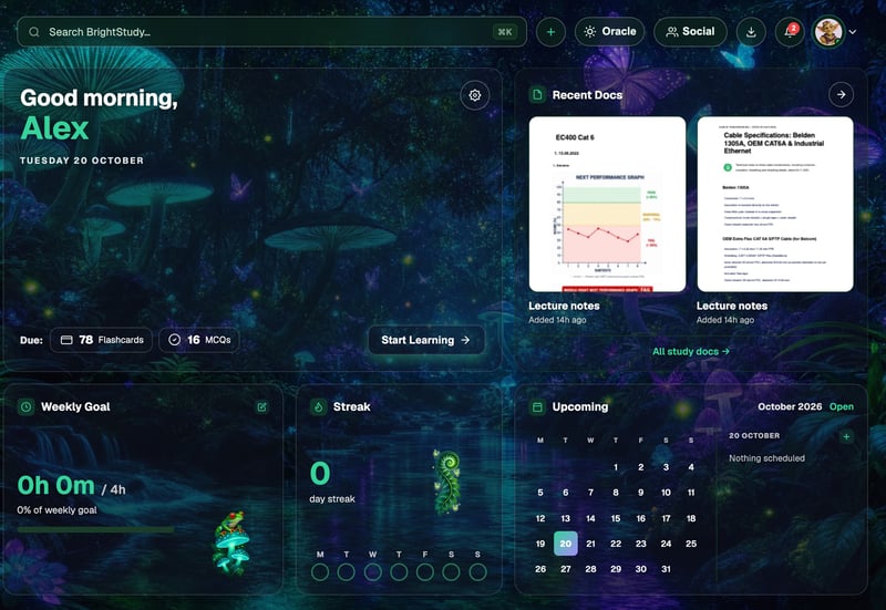 The BrightStudy dashboard in the Bioluminescent Rainforest theme