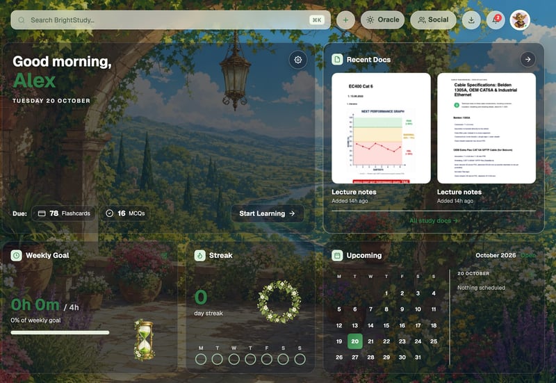 The BrightStudy dashboard in the Green Woodland theme