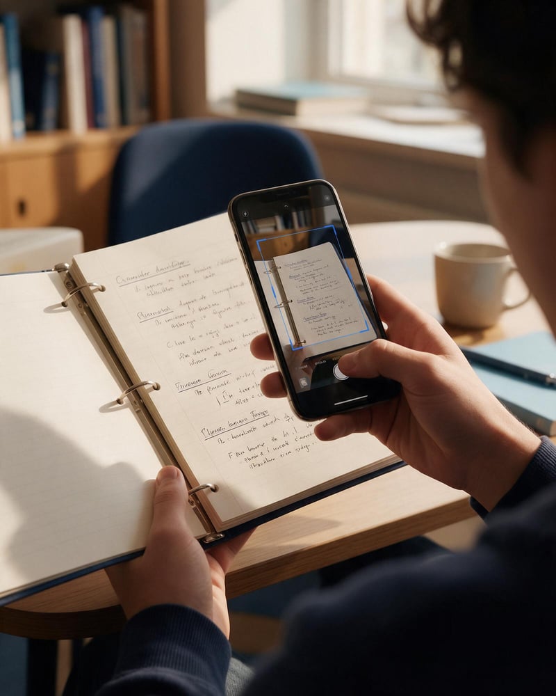 A student photographing a page of handwritten notes with a phone